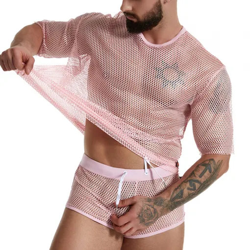 Sexy Fishnet See Through Lingerie Gay Mesh Top Tank and Boxer Shorts